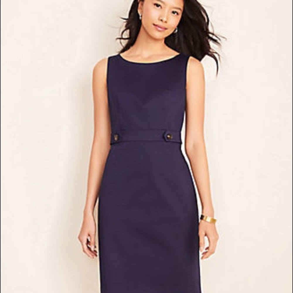 Ann Taylor Button Tab Sheath Dress in Navy Cotton Sateen